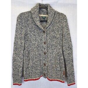 Roots Cabin Sweater Cardigan Womens XS Classic Button Up Grey White Shawl Collar